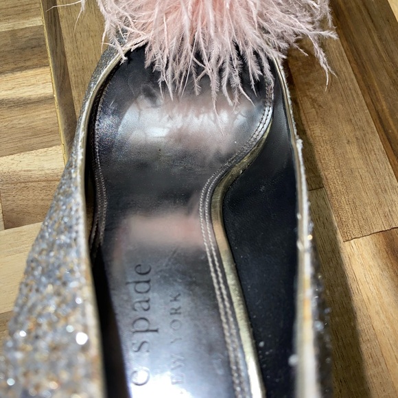 Gently used Kate Spade Marabou Pumps silver and gold glitter with pink feathers - Picture 16 of 17